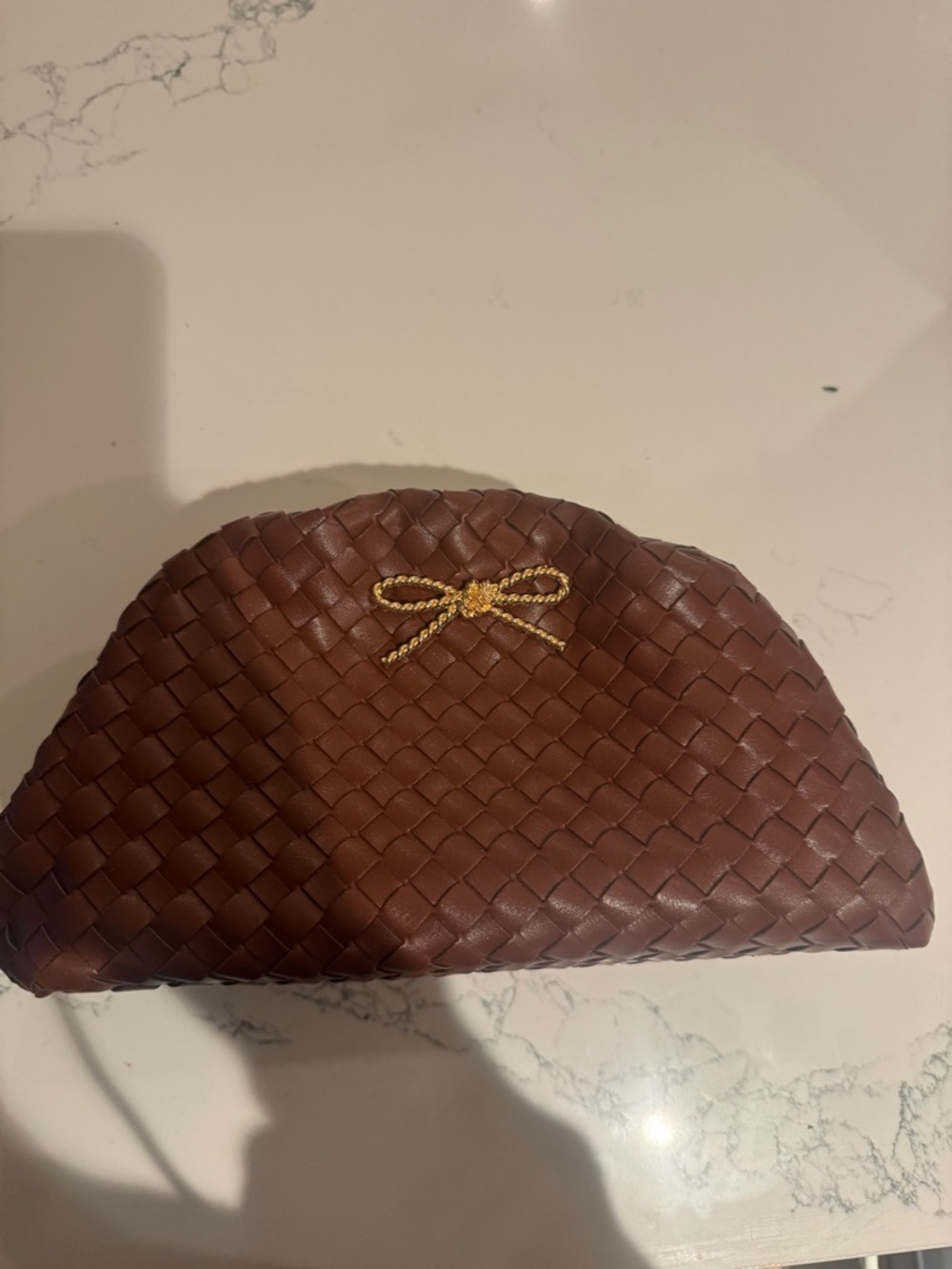 Maeve Brown Woven Cosmetic Pouch with Gold Bow